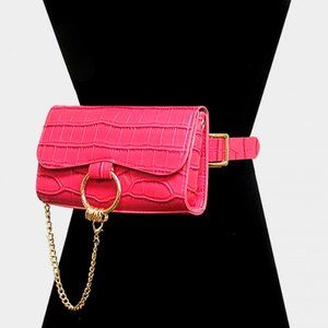 DRAPED CHAIN ALLIGATOR PATTERN FAUX LEATHER CLUTCH